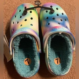Women’s multi colored fur crocs